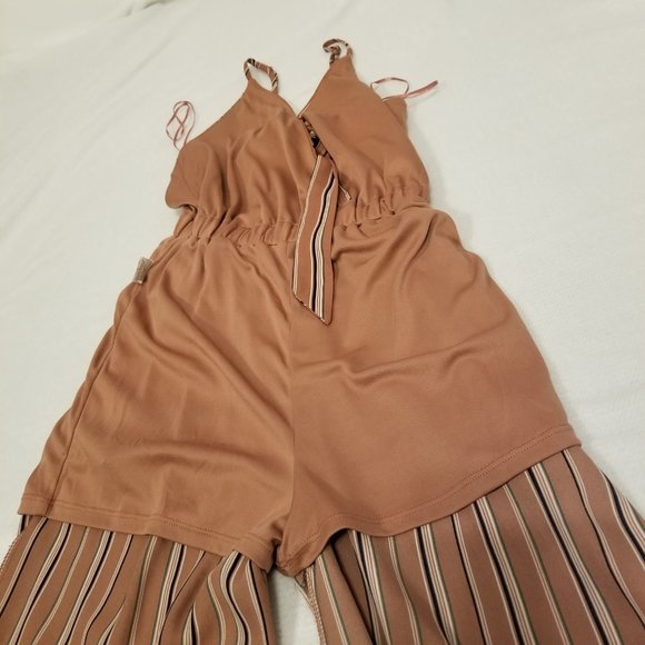 Sienna Sky Long Romper Pinstriped Nude Pink Wide Leg, Tie Waist, Flowy, Wrap Top - Picture 9 of 11